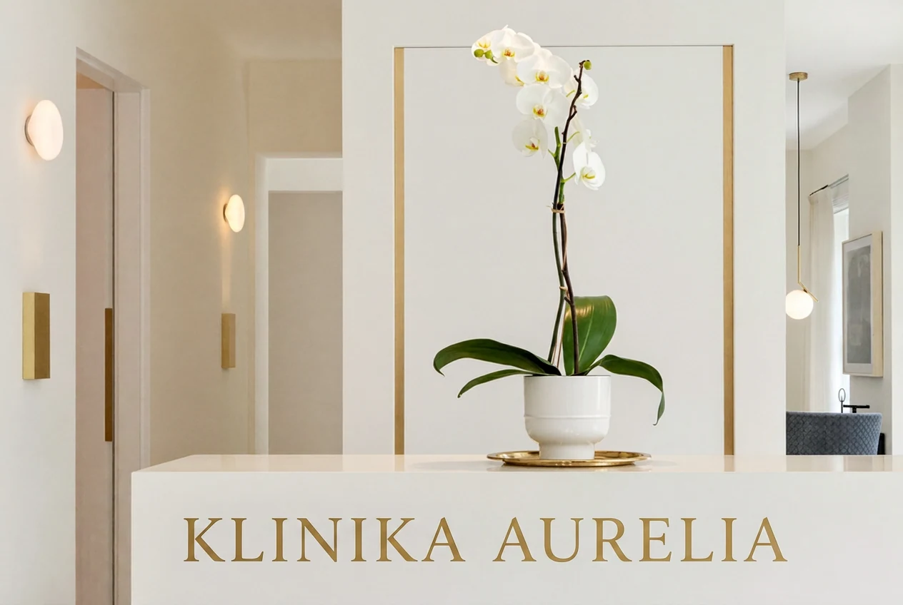 Recepcja kliniki Aurelia — jasne, minimalistyczne wnętrze z ciepłymi złotymi akcentami